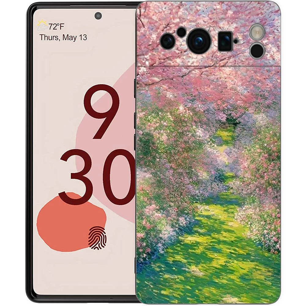 Luxury Black Soft TPU Phone Case with Claude Monet Garden Art Design