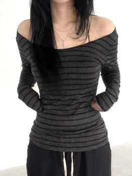 Japanese Basic Slim Long Sleeve Stripe Tee Off Shoulder O Neck Korean Street Style Spring Autumn Y2K Gray T Shirt Women 1