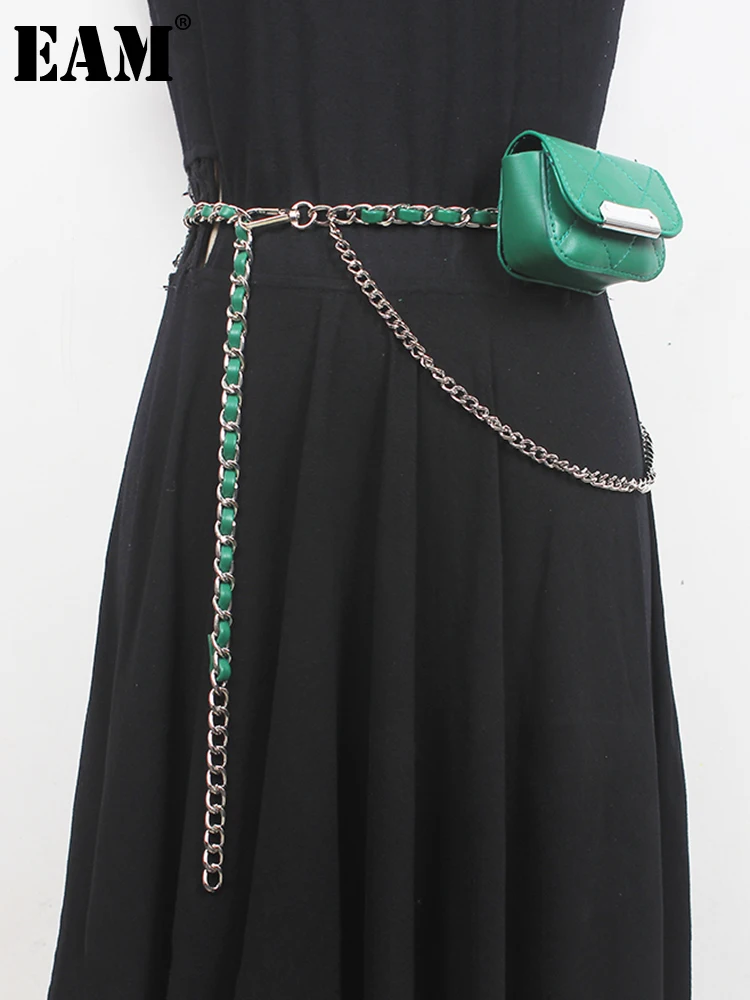 

[EAM] Pu Leather Black Mini-bag Long Metal Chain Belt Personality Women New Fashion Tide All-match Spring Autumn 2023 1DE8798