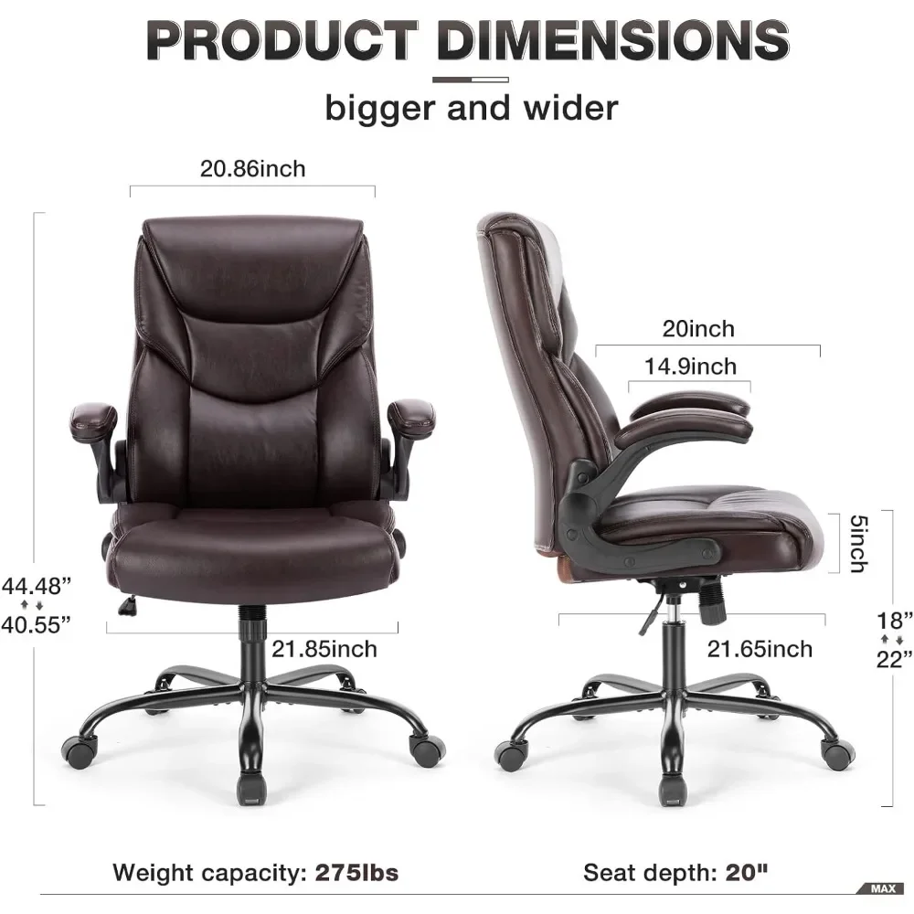 High Back Ergonomic Executive Desk Chair Mobile PU Leather Flip-Up Armrests Computer Chair Brown Office Backrest Furniture 2