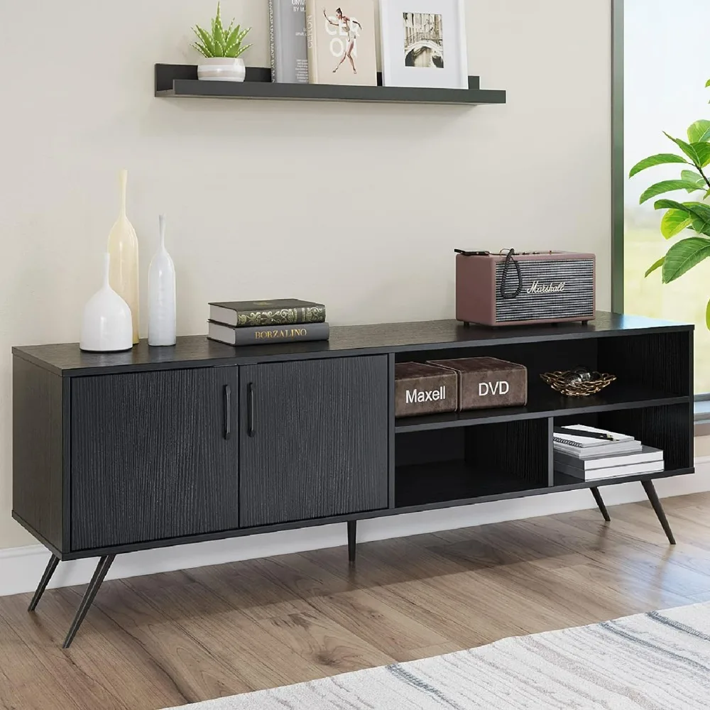 

TV Stand Television Console Unit Cabinets with 3 Open Cubby and 2 Doors for Living Room Bedroom for TVs up to 70 Inches , Black