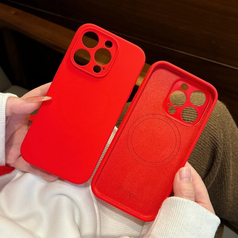 Premium Chinese Red Liquid Silicone Magnetic Case with MagSafe Compatibility, Wireless Charging, and Soft Touch Finish