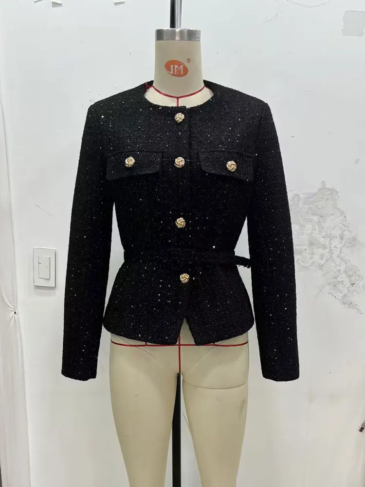 HH Women Fashion Sequin Coat Long Sleeve O Neck Single Breasted Overcoat Jacket With Belt Autumn Casual Office Lady Chic Outwear