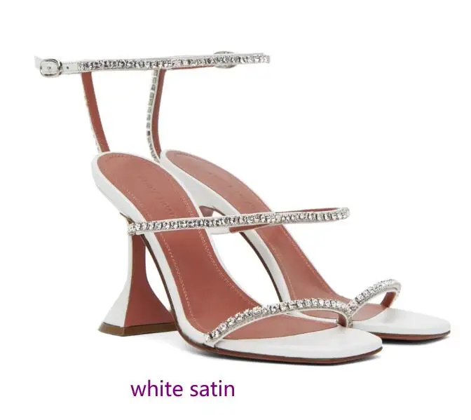 

AMINA MUADDI White Gilda Heeled Sandals Satin Silk Crystal Open square toe buckle ankle strap stiletto heels Diamond Clear shoes