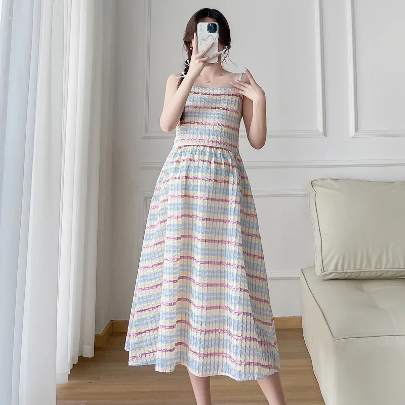 French Style Maternity Holiday Dress Block Color Striped Sleeveless Pregnant Woman Pleated Chiffon Dress Plus Size Beach Dresses 1 French Style Maternity Holiday Dress Block Color Striped Sleeveless Pregnant Woman Pleated Chiffon Dress Plus Size Beach Dresses