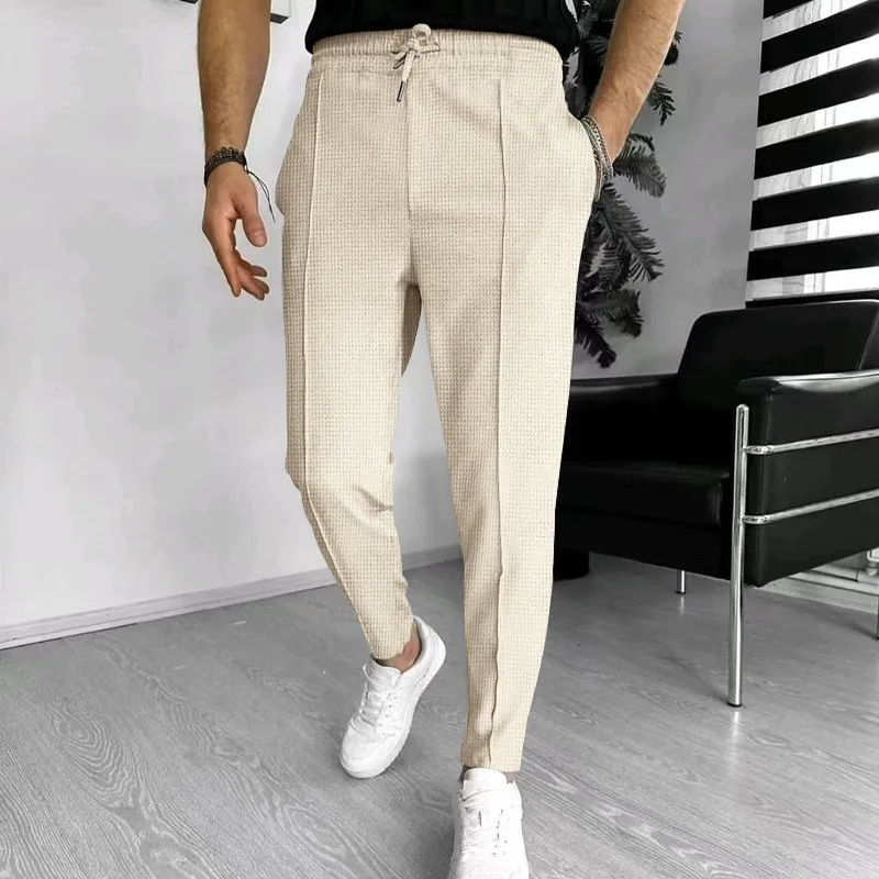 2024 Spring and Fall men's Waffle Leisure sports solid color pants trend fashion high quality drawstring small leg pants 2