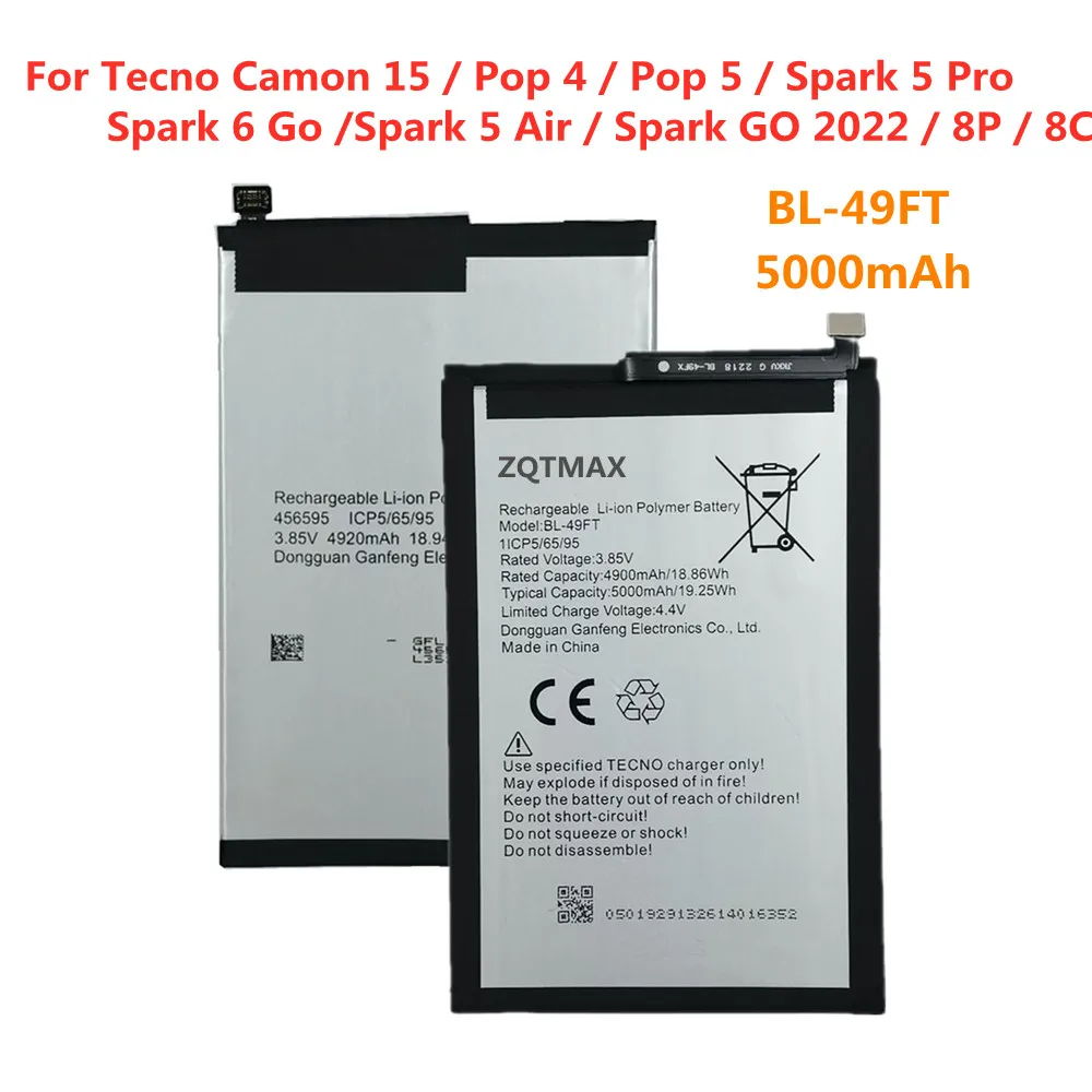 Batteria Bl 49Ft Per Batteria Tecno Pop 4 5 / Camon 15 / Spark 5 Pro / Spark 6 Go / Spark 5 Air / Spark Go 2022 / 8P / 8C Bl-49Ft