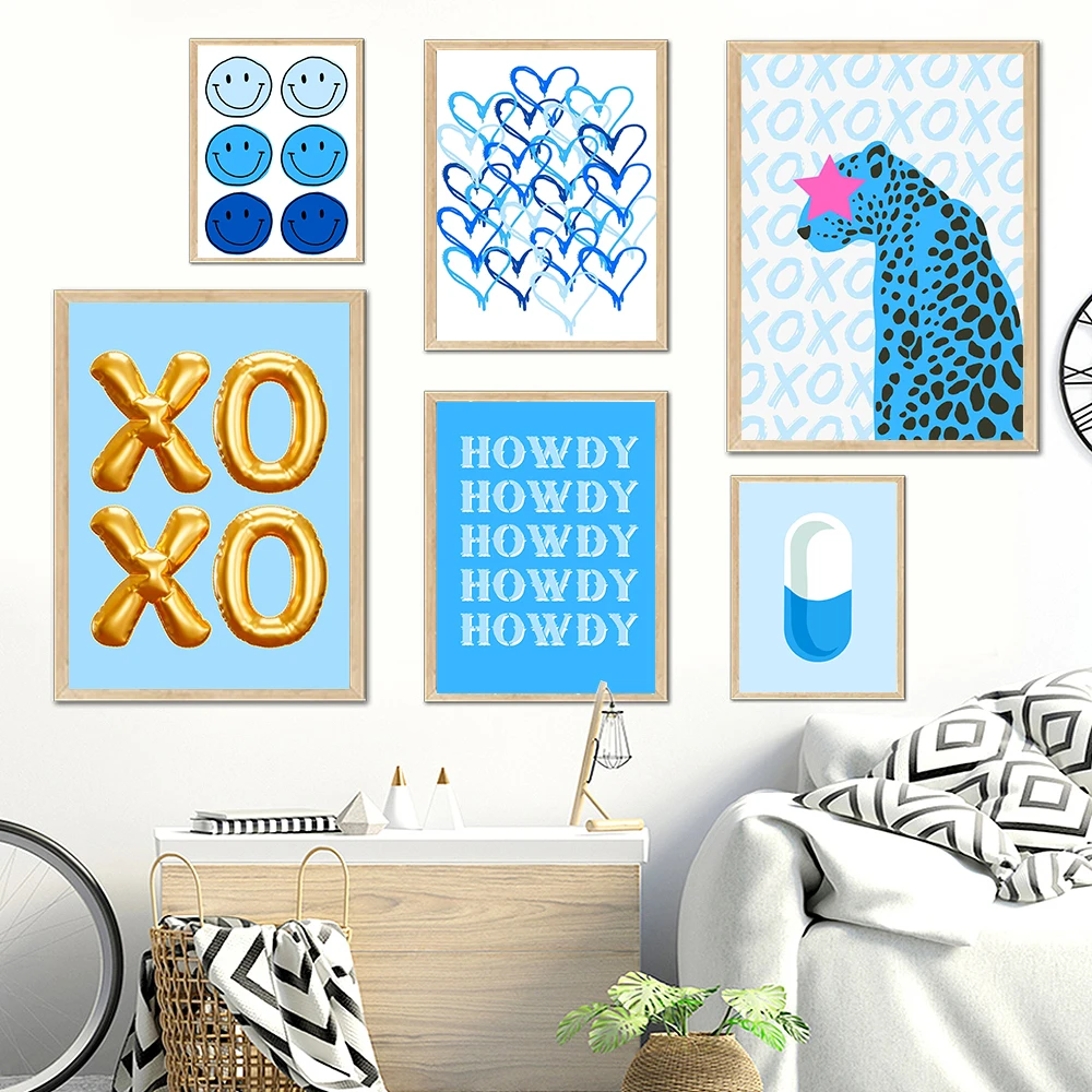 Modern Cartoon Blue Smiley Face Wall Art Poster Print Cheetah Pill Balloons Abstract Pop Canvas Painting Preppy Room Home Decor