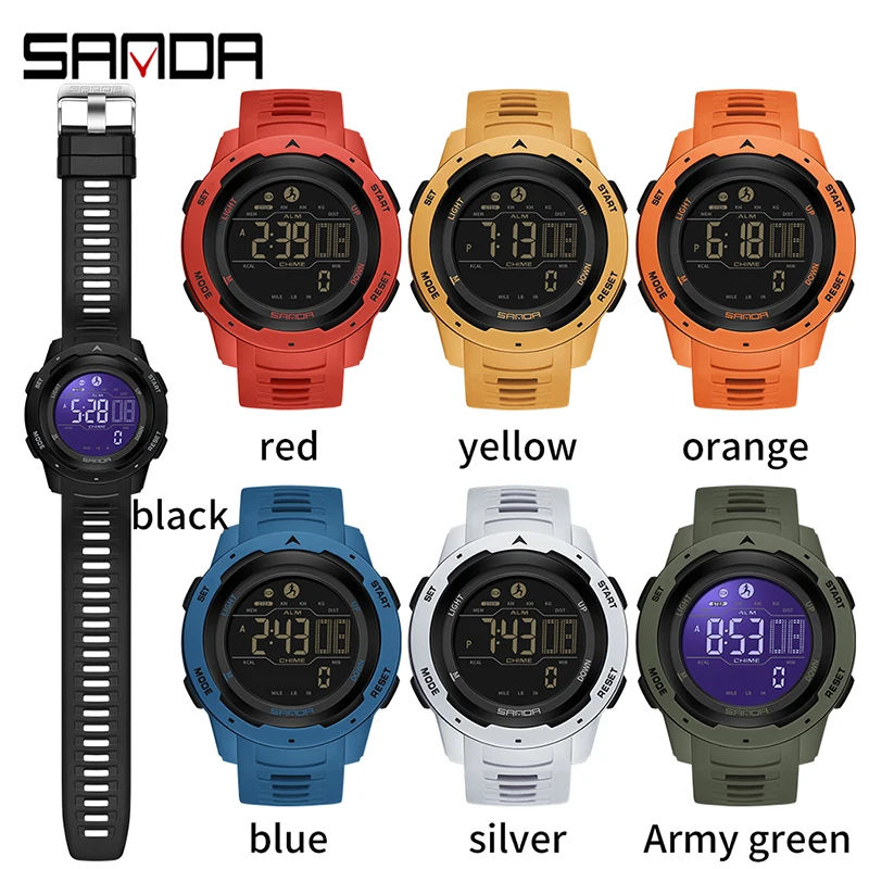 SANDA 2145 Brand Men Watches Sports Pedometer Calories 50M Waterproof LED Digital Watch Military Wristwatch Relogio Masculino 6
