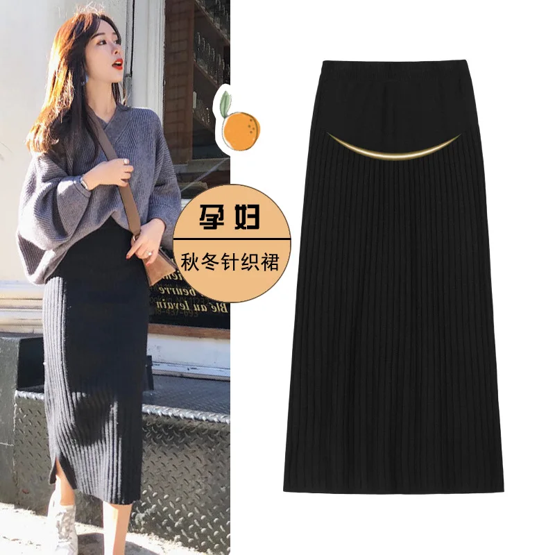 Autumn And Winter Pregnant Women Knitted Skirts During Pregnancy Fashionable Belly Pack Hips Outer Wear Slit One-step Skirt