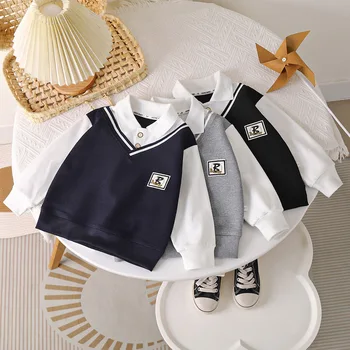 1pcs Spring Autumn British Style Boy Shirt Teenager Long Sleeve Casual Polo Shirt Kid Pullovers Top Baby False Two-piece Clothes 1