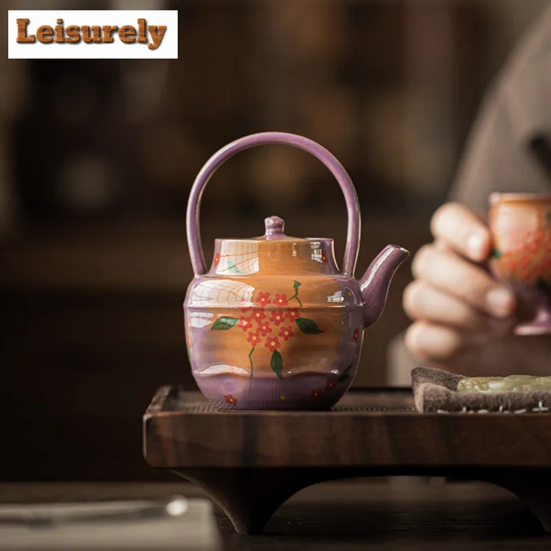 150ml Powder Yin Lilac Purple Hand Drawn Flower Lifting Handle Teapot Japanese Tea Infuser Pot Tea Maker Kettle With Filter Gift