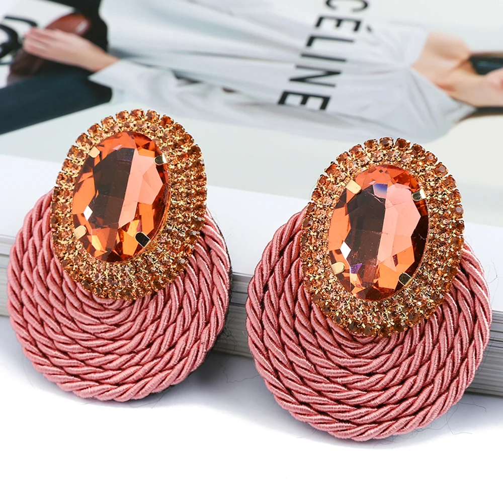 

Vintage Ethnic Style Handmade Weave Inlay Sparkly Crystal Big Stud Earrings For Women Trend Luxury Best Friend Jewelry Gift