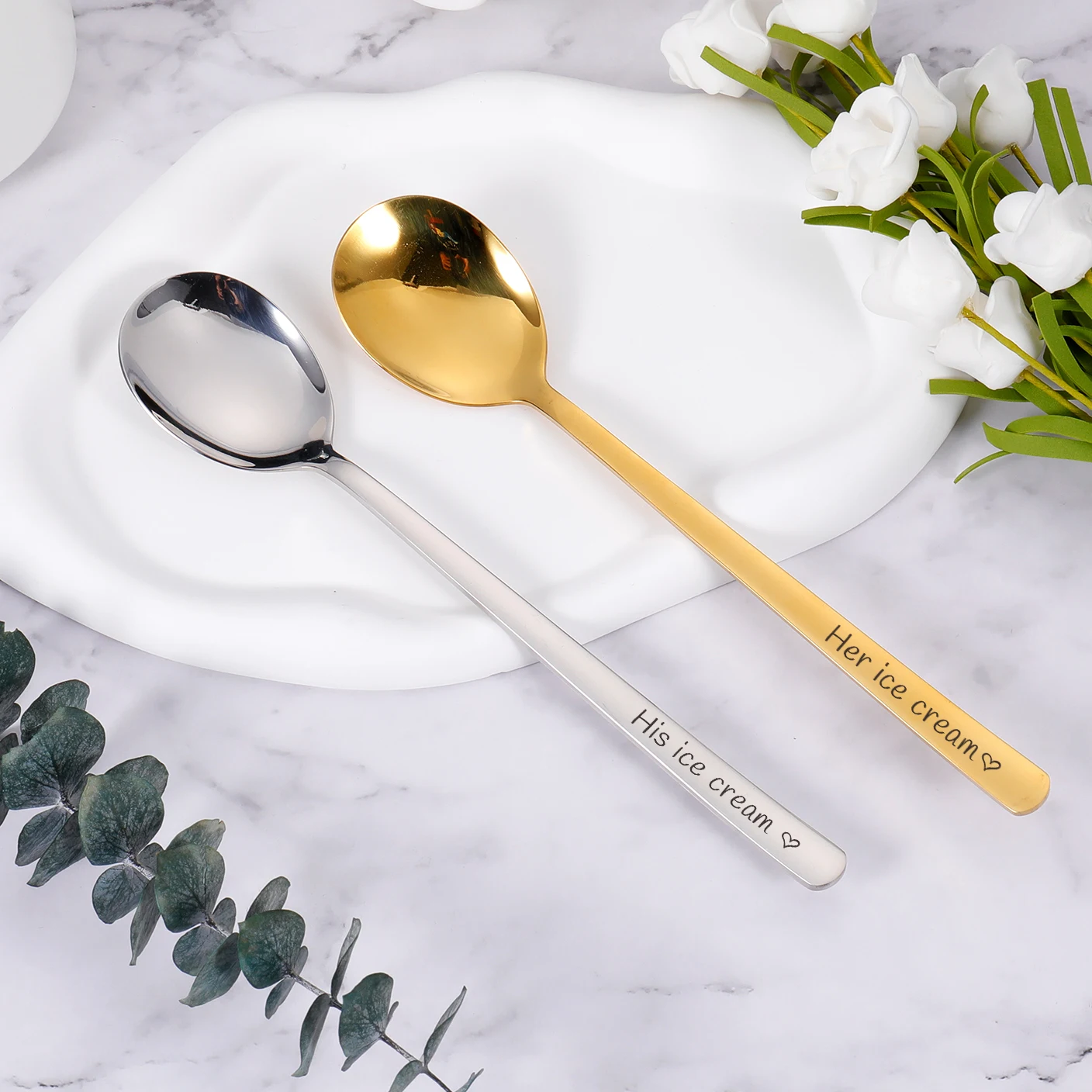 

Ice Cream Spoon Set Pair Couple Stainless steel Dessert Spoons for His Her Ice Cream Lover Christmas Wedding Anniversary Gift