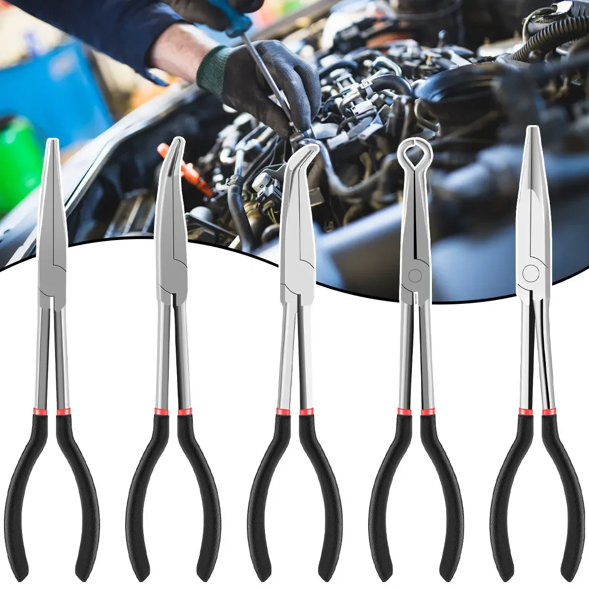 3/5Pcs Needle Nose Pliers Set 11 Inch Carbon Steel Long Reach Pliers 25/45/90 Degree Bent Nose Plier O-Shaped Circle Pliers 4