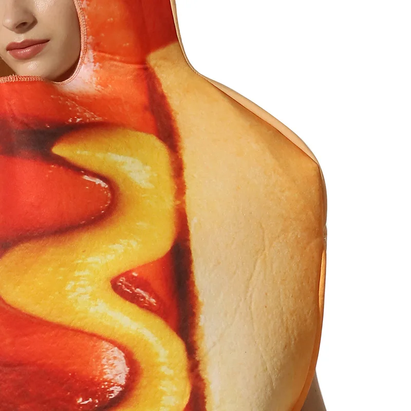 Adult Funny 3D Print Hot Dog Costumes Halloween Thanksgiving Food Sausage Christmas Unisex One-Piece Costume Carnival Jumpsuit