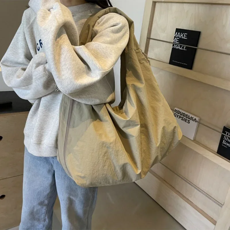 Casual Nylon Shoulder Bag Multi-Pocket Double Zipper High Capacity Tote Bag 2026 Fashion Solid Color Handbags Shopping Bag