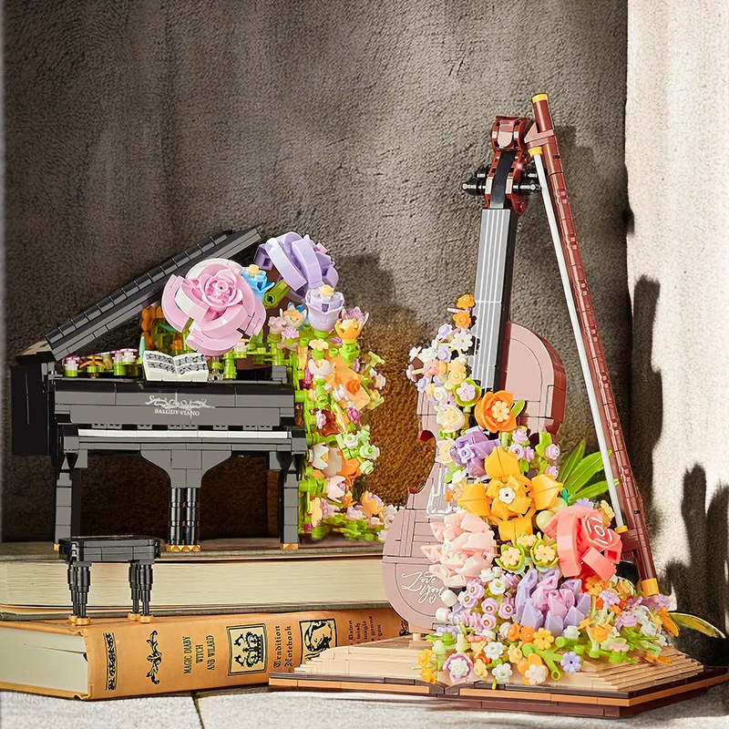 

Creative Musical Instrument With Flowers Bouquet Model Building Blocks Piano Cello Decoration Mini Bricks MOC Toy Valentine Gift