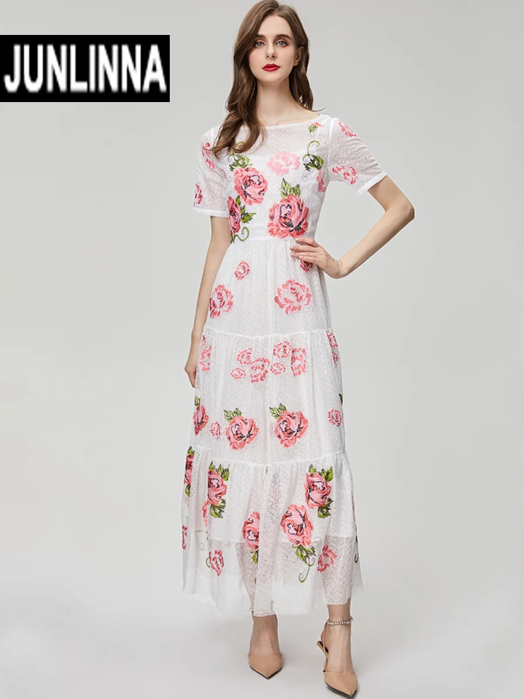 

JUNLINNA Spring Summer Women Runway Dress O-Neck Short Sleeve Lace Flower Embroidery Vestidos Party Holiday Sliming Wear