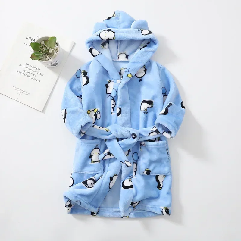 Cartoon Children's Robe Flannel Baby Bathrobe Long Sleeve Hooded Kids Bath Robe Lovely Animal Child Boy Girls Robes Kids Clothes