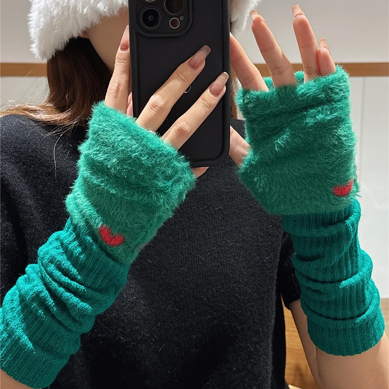 

Корейские зимние женские перчатки Y2k из меха норки на полпальца, мягкие теплые однотонные Длинные Плюшевые Вязаные перчатки без пальцев с сердечками, рукавицы на запястье