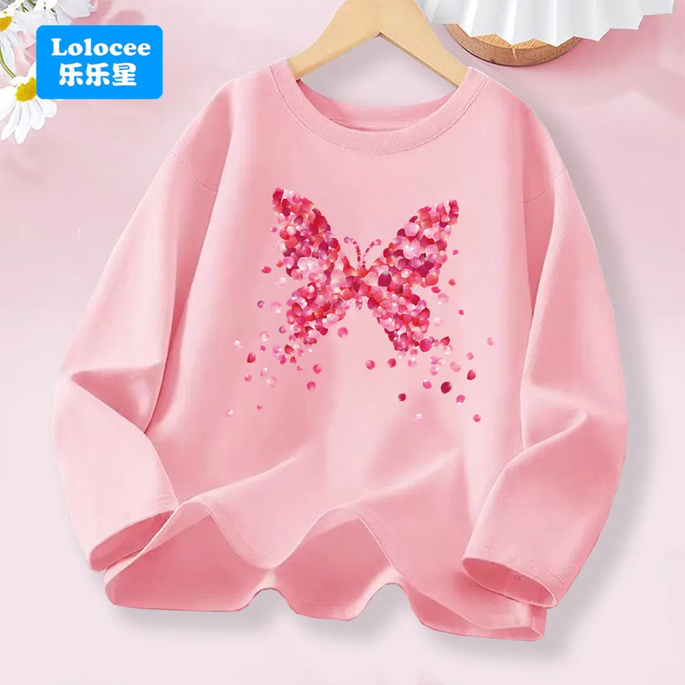 Pink Flower Butterfly Graphic Long Sleeve Girls' Fashion Tee