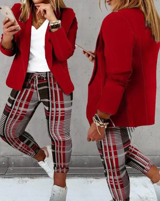 Two Piece Set Women Outfit 2023 Autumn Fashion Plaid Print Shawl Collar Long Sleeve Blazer Coat & Elegant Drawstring Pants Set