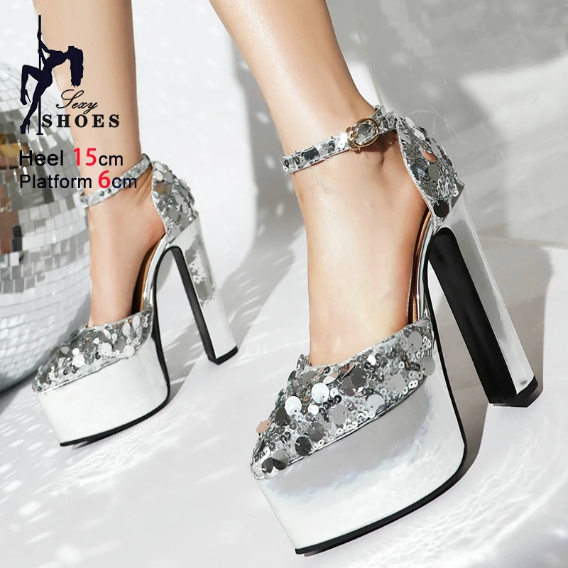 15CM Fashion Platform Sequin Sandals Nightclub Glitter Buckle Strap Pointed Women Shoes Plus Size 34-43 Summer T Show High Heels