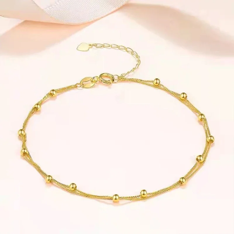 

Real 18K Gold Double Chopin Chain Bracelet Pure AU750 Beads Simple Adjustable Bracelet Fine Jewelry Gift for Women