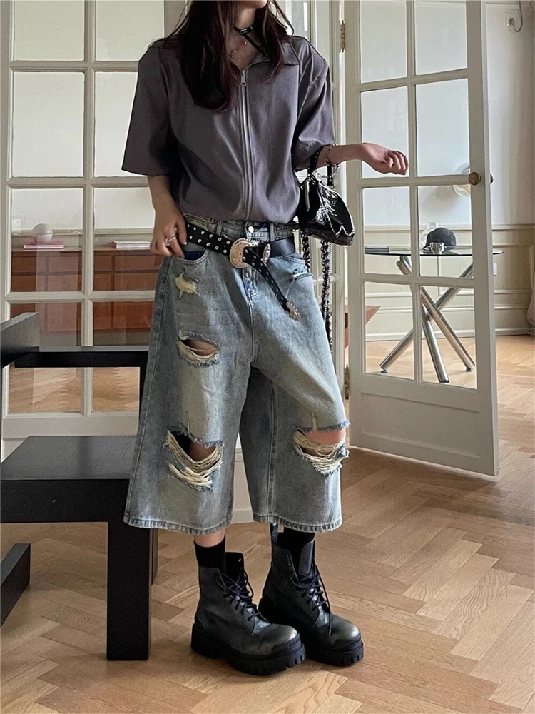 

Women's High Waisted Hole Wide Leg Cropped Jeans Summer New Street Style Thin Denim Shorts Casual Female Straight 5/4 Hot Pants