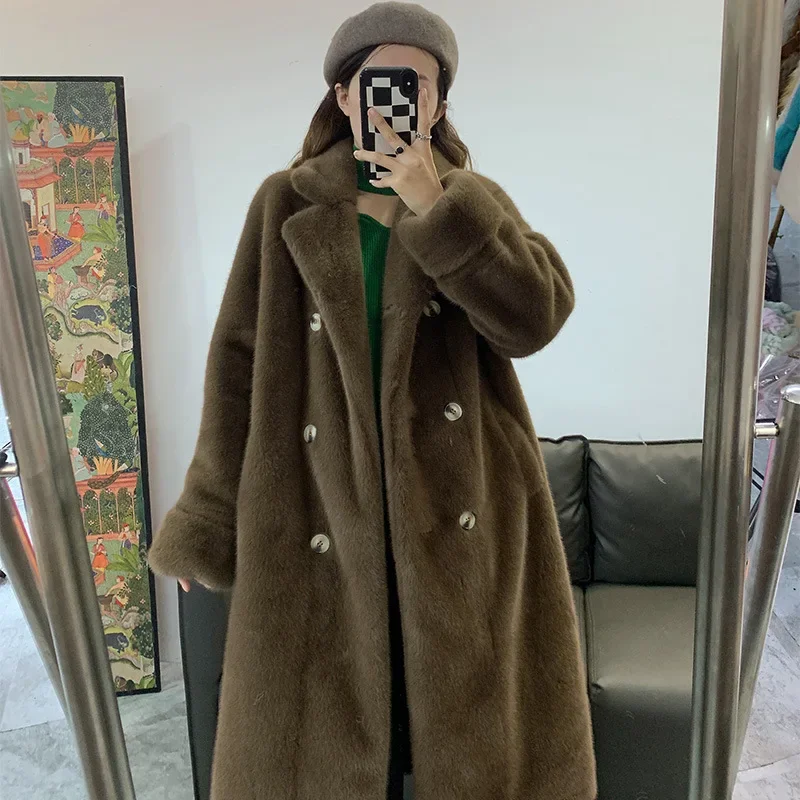 2022 New Imitation Mink Fur Fur Coat European Mink Velvet Extended Classic Double-breasted Coat To Keep Warm and Thin