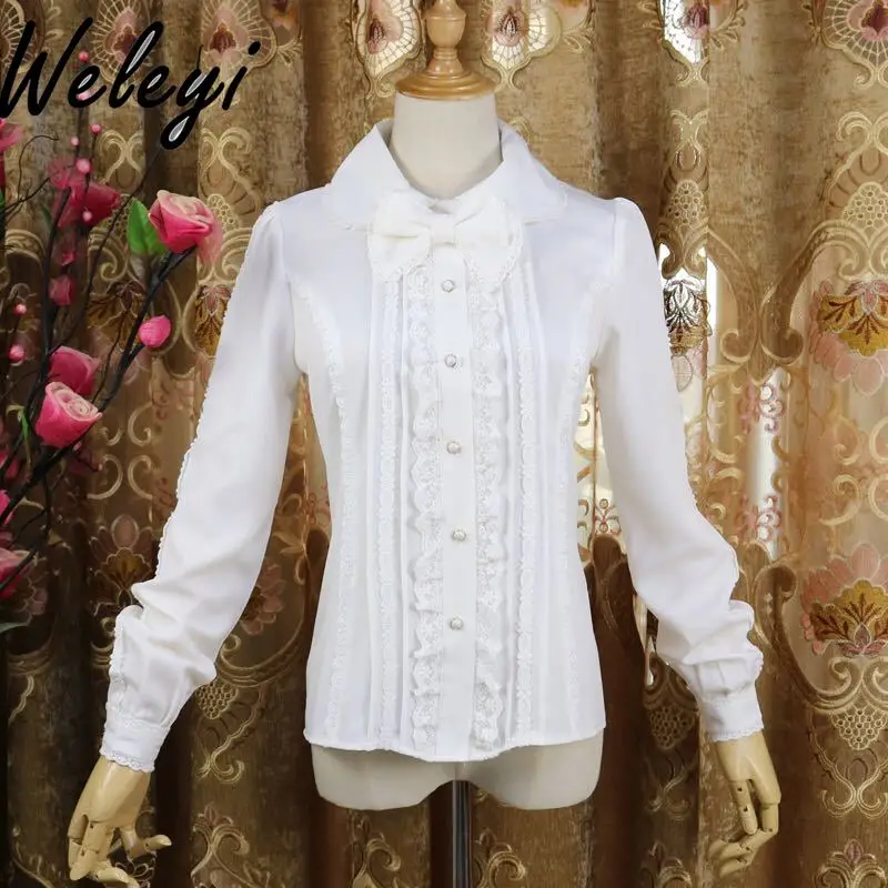 Japanese Jirai Kei Lolita Shirt Women's 2024 Spring New Doll Neck Sweet Chiffon Inner Layup Retro Fashion Princess Slim Fit Top