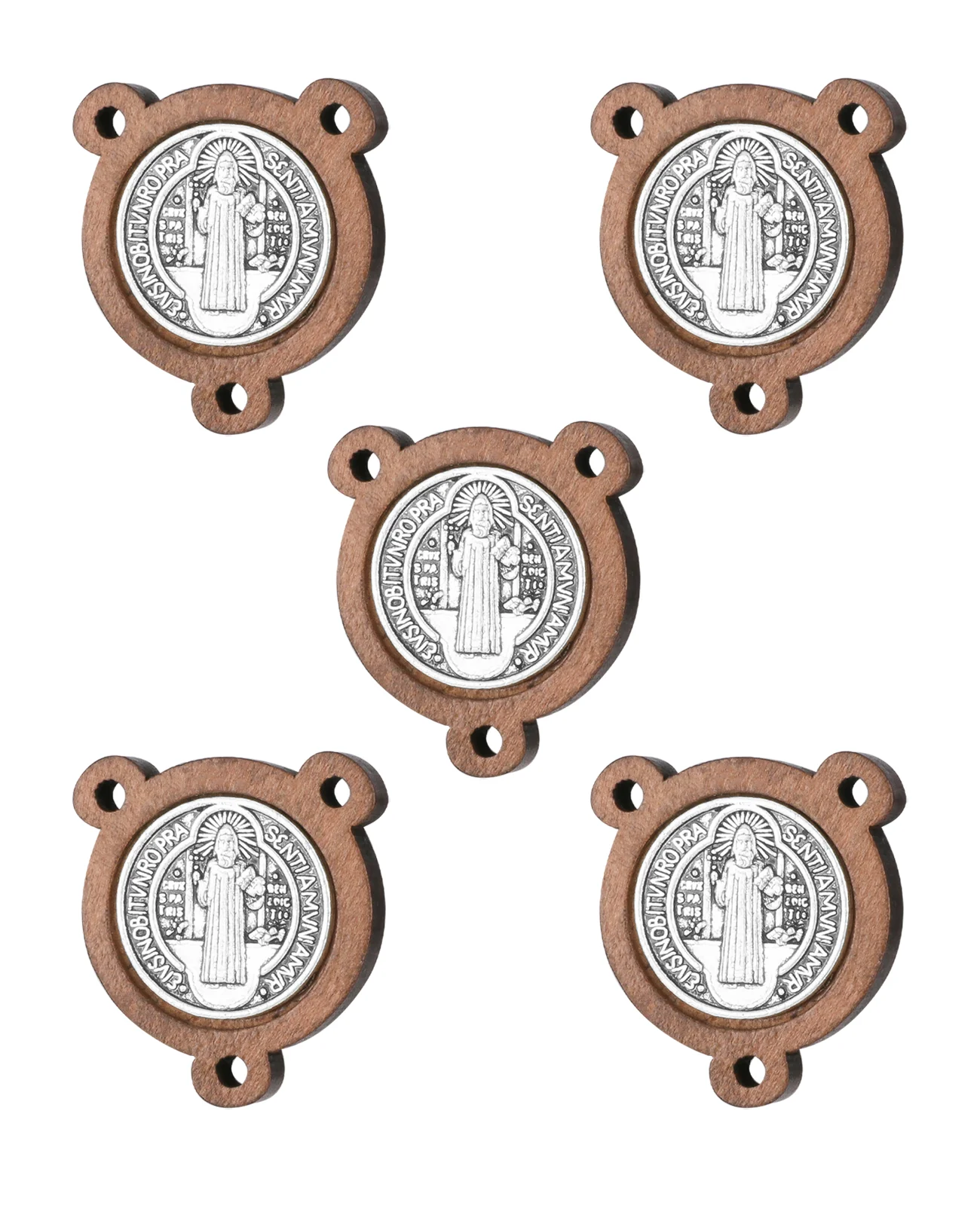 Cottvott 5Pcs 나무 기독교 3 홀 예수 십자가 세인트 베네딕트 메달 펜던트 DIY 종교 보석에 대한 묵주 목걸이 커넥터
