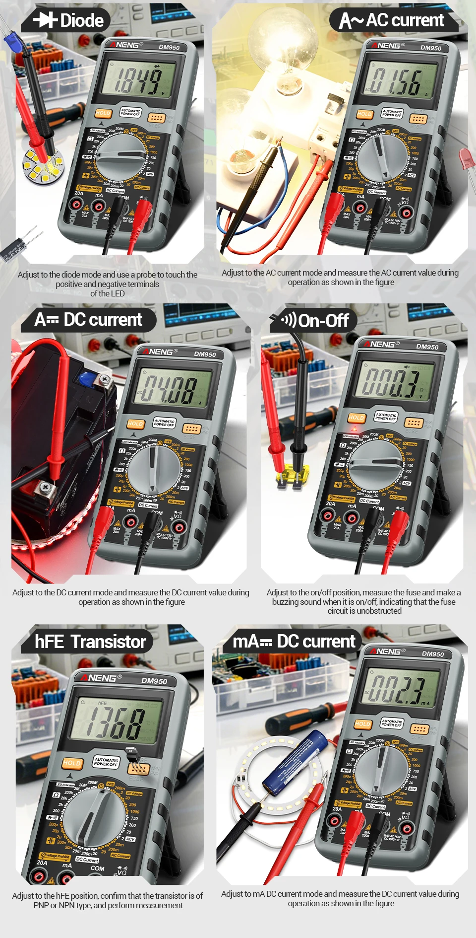 ANENG DM950 Handmultimeter mit 1999 Anzeigen für AC/DC-Spannung, Strom, Ohm, Kapazität, NCV, HFE-Detektor, Elektrikerwerkzeug – Detail 12