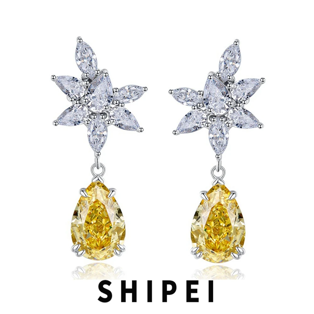 

SHIPEI Luxury 925 Sterling Silver Pear 8*12 MM Citrine White Sapphire Gemstone Fine Jewelry 18K Gold Plated Dangle Earrings Gift