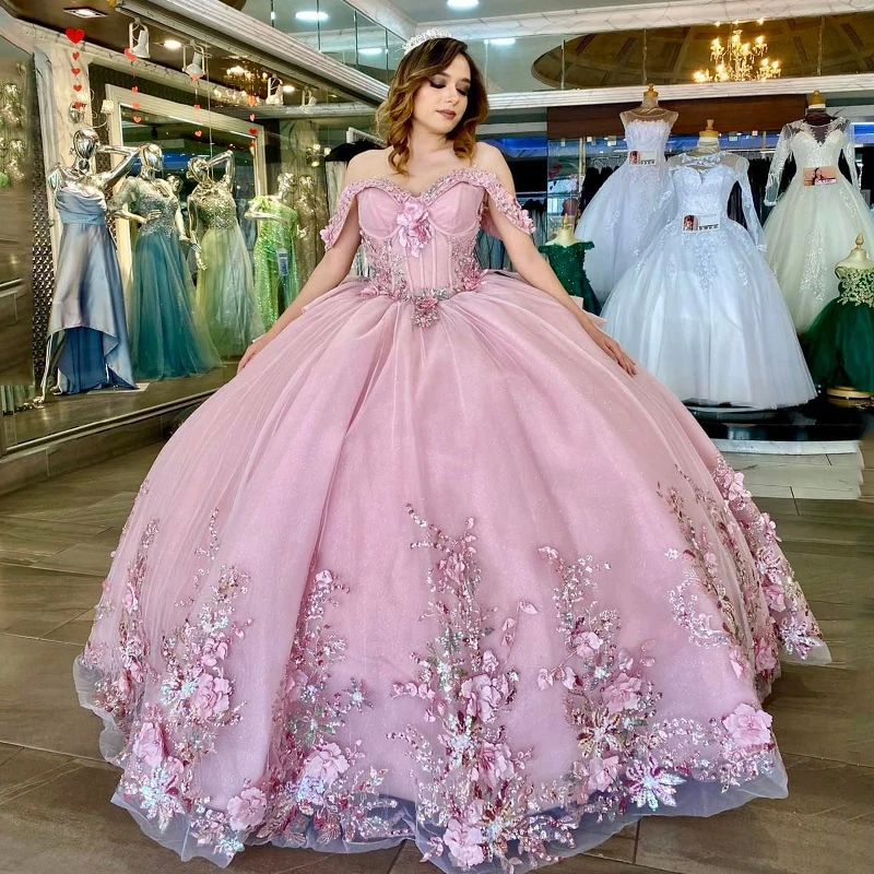 

Pink Shiny Ball Gown Off the Shoulder Quinceanera Dresses 3D Flowers Appliques Lace Beads Tull Corset Vestidos De 15 Años