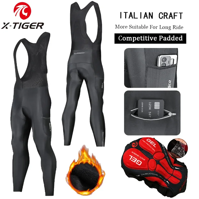Cycling Tights Thermal Winter Bib Pants With Back Pocket 5D Gel Padded Men Fleece Sports