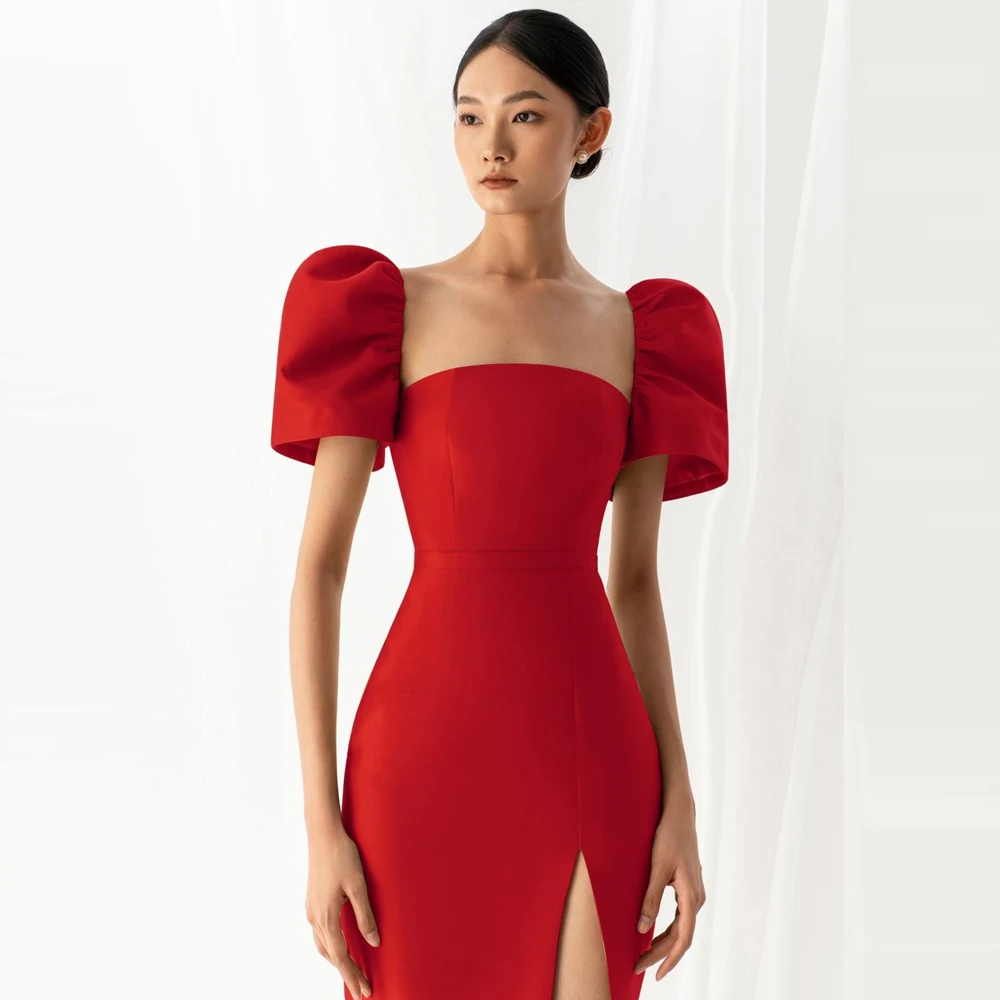 

Black Satin Half Sleeve Evening Dresses For Wedding Party 2023 Elegant Square mermaid tea-Length Bride Reception Gowns