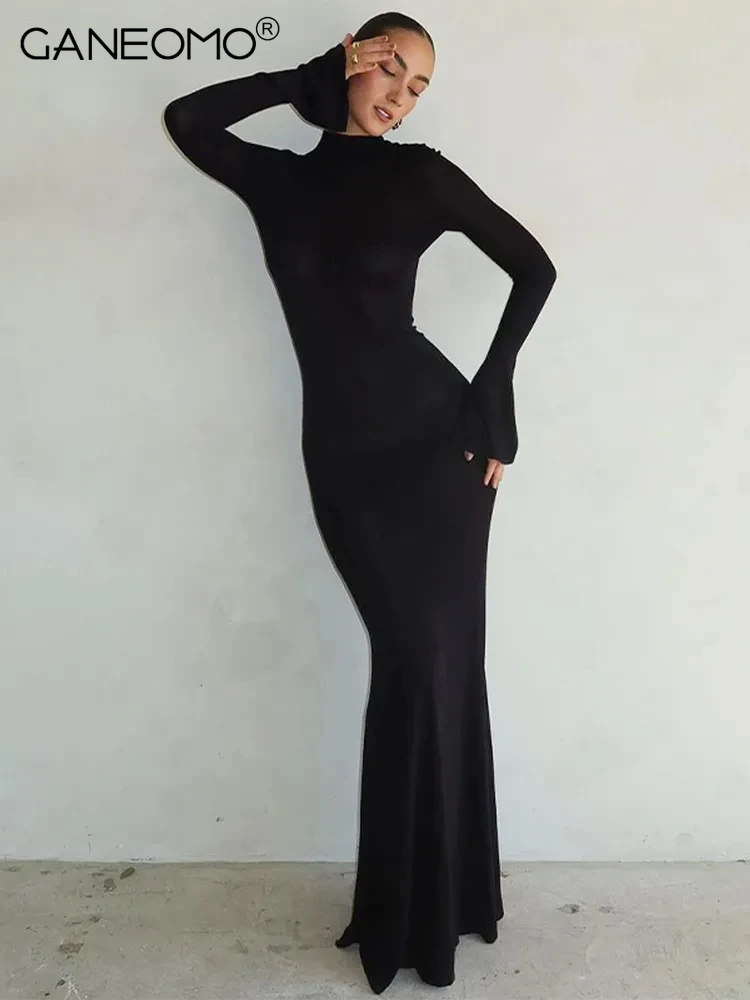 

Women 2023 Autumn Winter Long Sleeve Elegant Backless Maxi Dresses Party Club Streetwear Bodycon Black Long Dress Wholesale Item