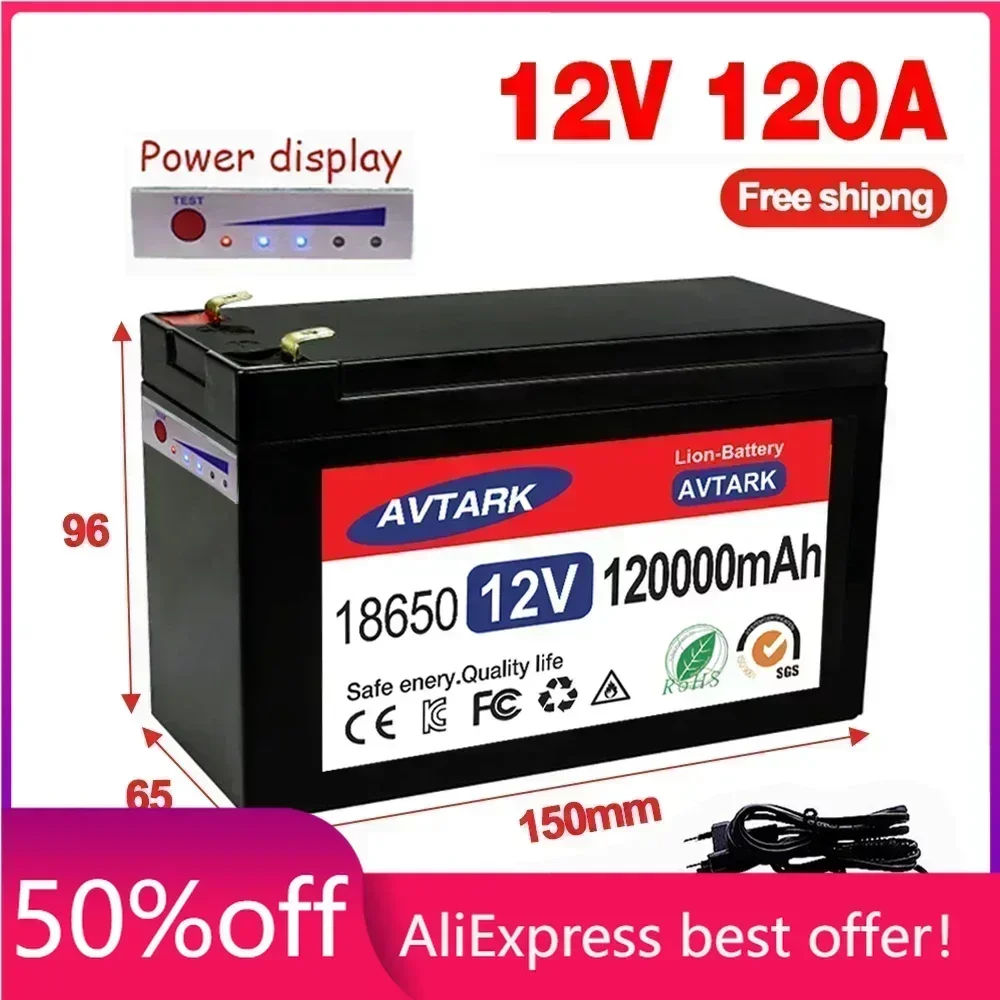 

12V 120Ah 120000mAh 18650 lithium battery for solar energy built-in high current 30A BMS electric vehicle battery+12.6V charger