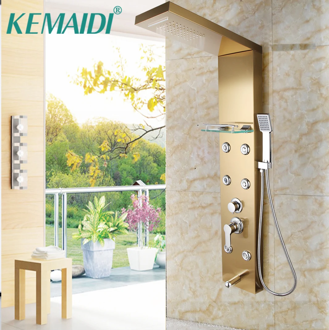 KEMAIDI Bathroom Shower Column Golden Plated Wall Mounted w/ Shelf Hand shower Tub Spout Massage System Shower Panel