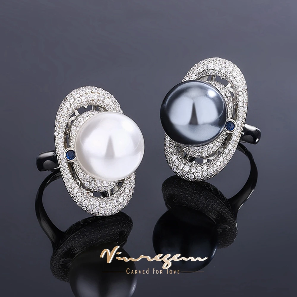 

Vinregem Vintage 16 MM Pearl High Carbon Diamond Gemstone Adjustable Elegant Ring for Women Fine Jewelry Wedding Gifts Wholesale