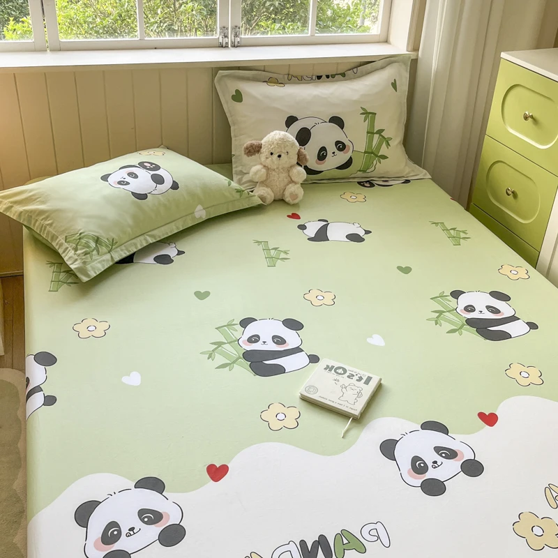 Kawaii Cartoon Panda Fitted Sheet,Bamboo Floral Wild Animals Bed Sheet Set Cotton Bed Cover with Deep Pocket for Child Kids Room 4
