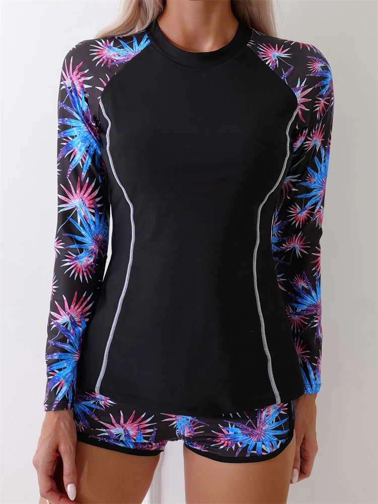 Two Piece Swimsuit Women 2024 New Solid Print Long Sleeves Swimwear Summer Tankini Shorts Split Beach Wear Bathing Suit Female Beach cover-ups Beachwear