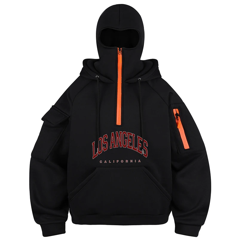 Мужская флисовая толстовка с несколькими карманами и шнурком, Балаклава, пуловер с длинными рукавами, уютная уличная мода, принт Лос-Анджелеса, осень-зима