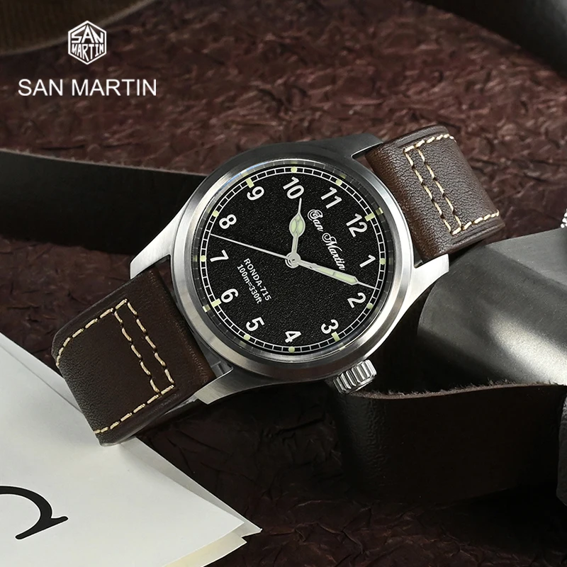 

San Martin 37mm Pilot Watch RONDA 715 Quartz Movement Military Simple Fashion Style Men Wristwatch 10Bar Luminous Relojes