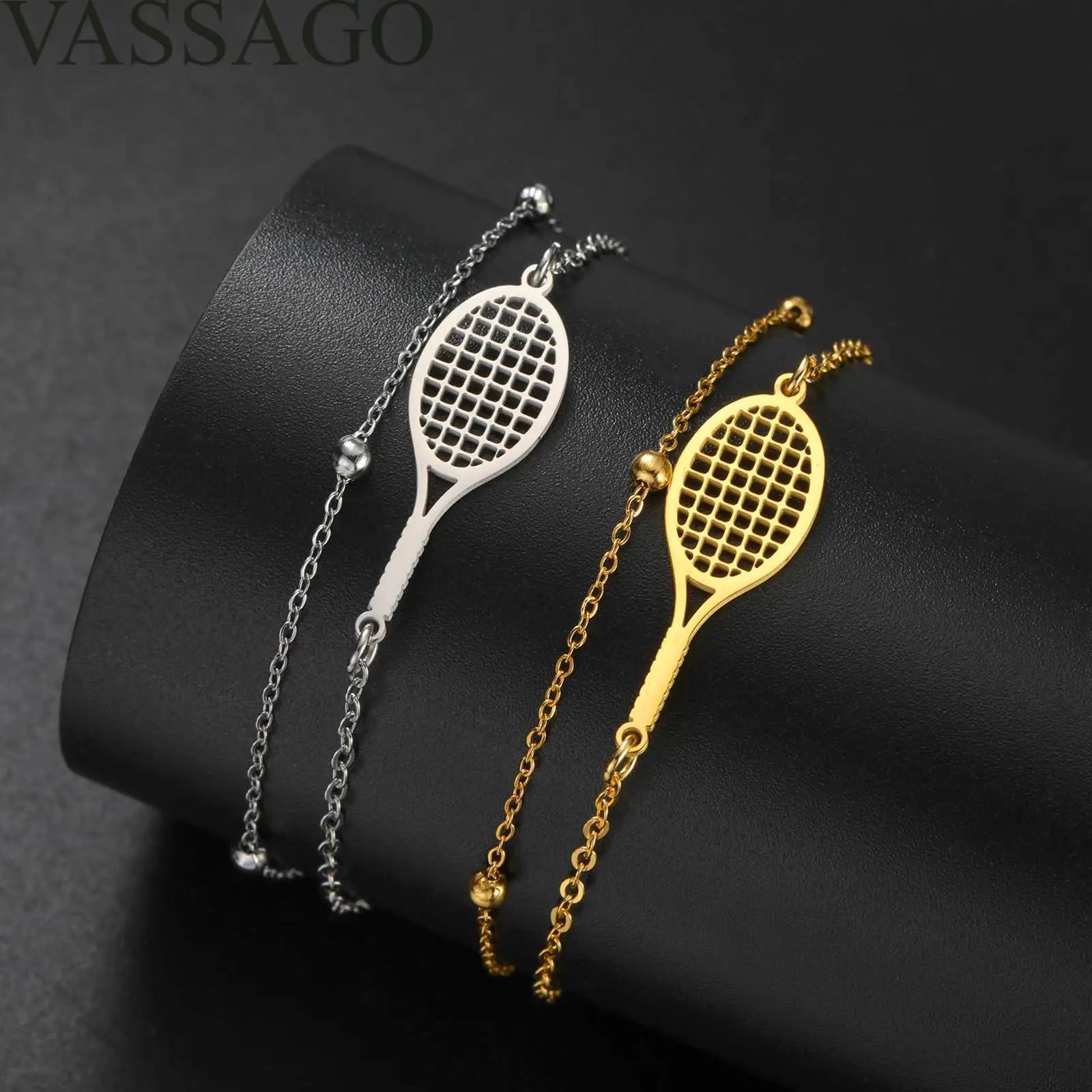 VASSAGO Tennis Racket Bracelet Dainty Adjustable Tennis Racket Charm Layering Sport Bangle Bracelet Lover Jewelry Tennis Gifts 3