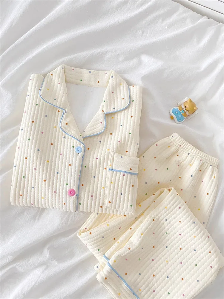 Autumn Winter Polka Dot Plus-size Long-Sleeved Sleepwear Set For Women Korean Air Cotton Casual Loose Warm Girls Home Clothes