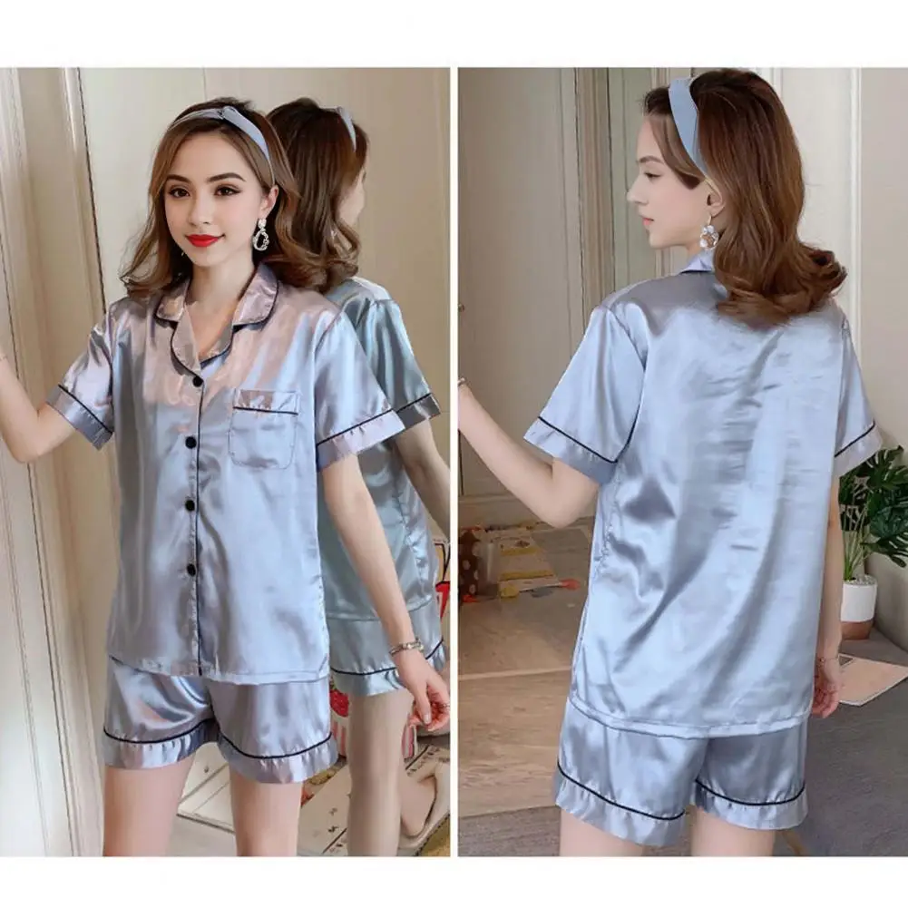 

Women Pajamas Women's Summer Pajama Set with Turn-down Collar Chest Pocket Elastic Waist 2 Piece Casual Sleepwear for Comfort