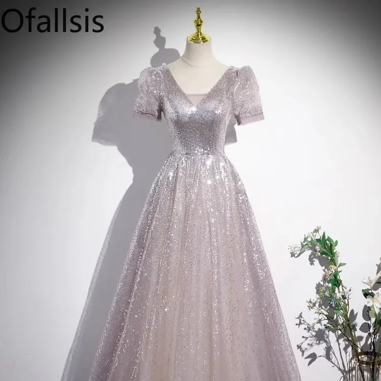 

Ofallsis Silver V neck Puff Sleeve Sequins Evening Dress 2024 New Host French Style Puffy Princess Vocal Art Exam Party Dresses